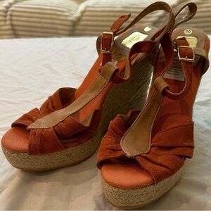 Kanna Anthropologie Suede Leather Orange Espadrille Platform Wedge Sandal 9